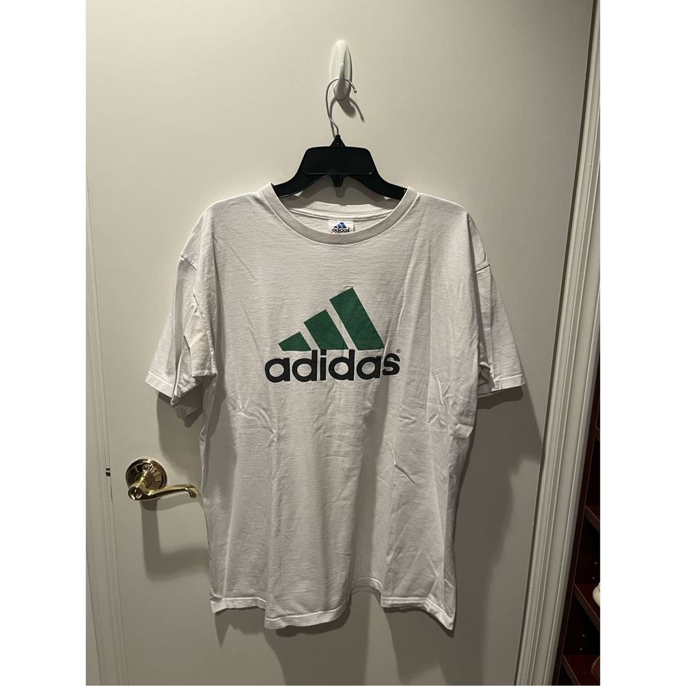 Adidas Green Logo Mens  White T-Shirt Size L